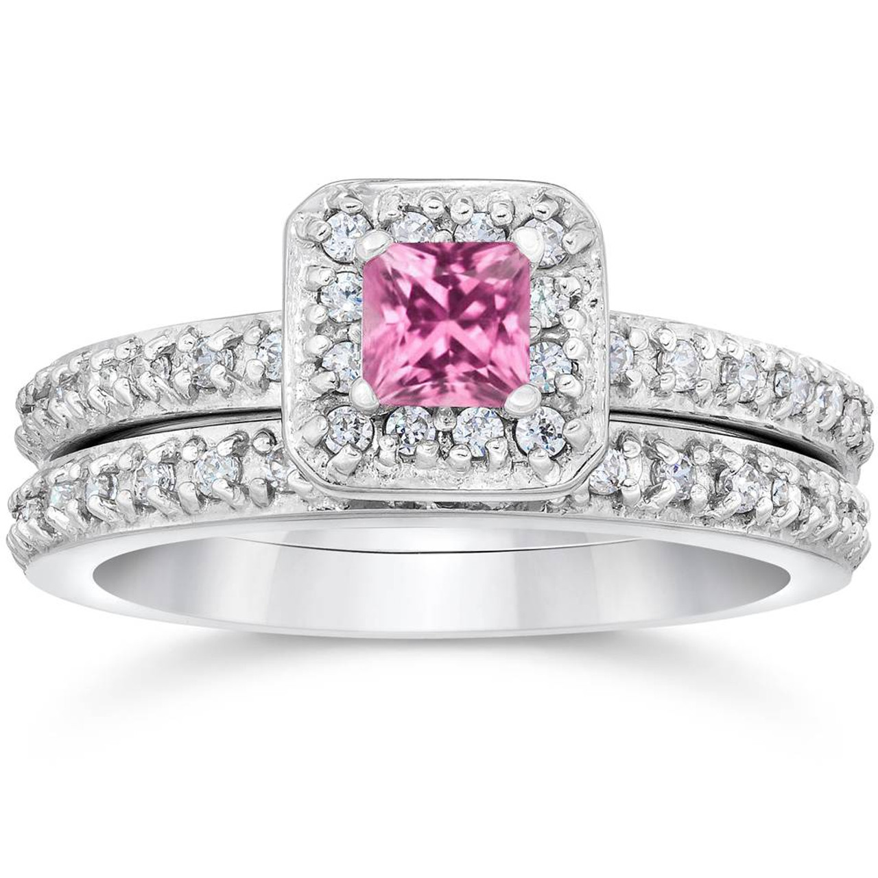 Princess Cut Pink Sapphire 1 1/3ct Pave Vintage Diamond Ring Set 14K White Gold (G/H, I1)